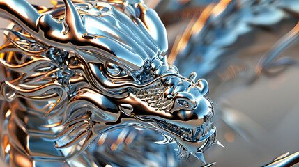 かっこいい銀色メタルの龍の顔、縁起の良い置物 - obrazy, fototapety, plakaty