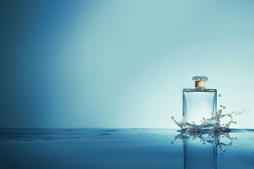 Fototapeta na wymiar mock-up d'une bouteille de parfum ou lotion, transparente posée dans l'eau et éclaboussant sur un fond bleu dégradé avec espace négatif copy space.