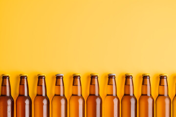rangée de bouteilles de bière blonde avec des capsules dorées, sauf 2 bouteilles qui ont des capsules argentées. Fond jaune avec espace négatif copy space - obrazy, fototapety, plakaty
