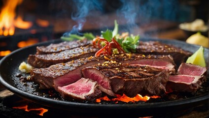 Succulent grilled steak sizzling on a hot iron plate with fire under, a juicy delight - obrazy, fototapety, plakaty