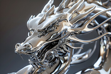 かっこいい銀色メタルの龍の顔、縁起の良い置物 - obrazy, fototapety, plakaty