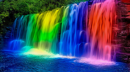 Majestic Waterfall in Tropical Forest, Rainbow Over Cascading Water