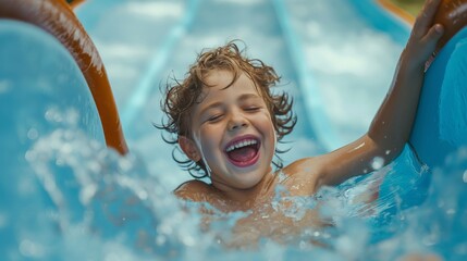 A charming little boy slides down a slide in a water park and laughs. The joy of a fun activity for...