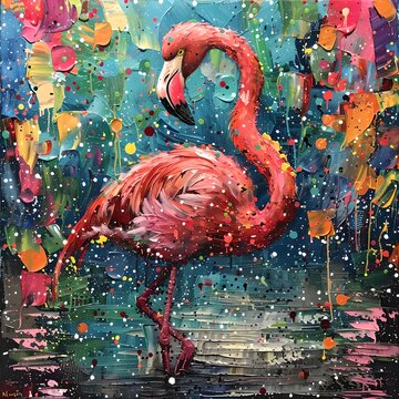 Vibrant Flamingo in Abstract Expressionist Style Painting. Vivid Colors and Bold Brush Strokes Capture Movement. Ideal for Modern Decor. AI