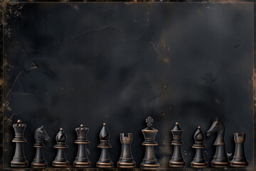 Jeu de réflexion pièces d'un jeu d'échec, roi, renne, cavalier, fou, tour et pion en ébène sculpté, disposé en ligne sur une bordure, sur un fond noir texturé avec espace négatif copy space - obrazy, fototapety, plakaty