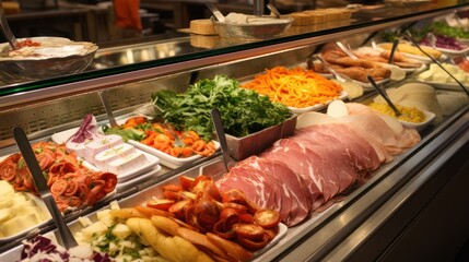Obraz premium Food dishes in bowls and plates arranged on a wooden table, with drink cutlery, on an abstract color background.