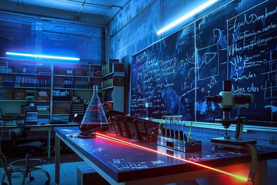 A physics laboratory with particle accelerators, laser beams, and blackboards filled with equations and formulas, Generative AI