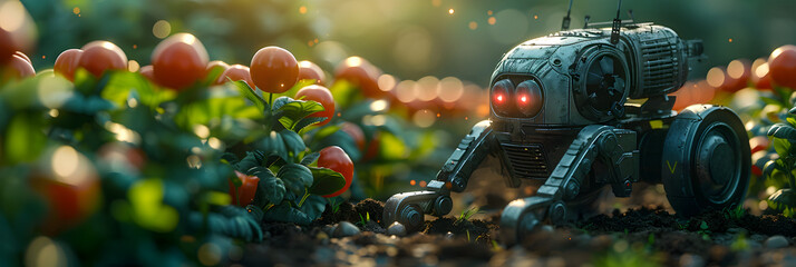 Smart Robotic Farmers Concept Agriculture Technology ,
Little robot in the forest