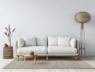 Serene interiors composition depicting a chic and minimalist living room design