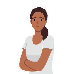 Confident and beautiful young woman in smart casual wear keeping arms crossed and smiling. Woman folded hands. Flat vector illustration isolated on white background