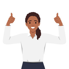 Young happy smiling woman or girl teenager cartoon character showing thumbs up. Success and goal. Flat vector illustration isolated on white background