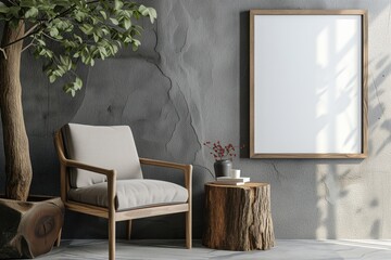 Modern Scandinavian-Style Living Room Having Empty White Wall frame With Warm Sunlight and Minimalistic Decor