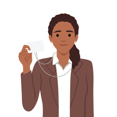 Business woman showing badge. Beautiful business woman. Flat vector illustration isolated on white background