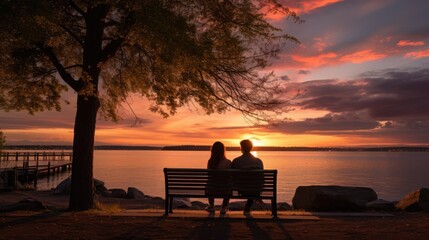 Fototapeta na wymiar couple sitting on a bench at sunset
