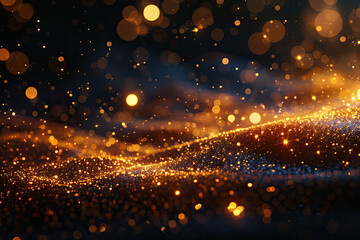 A glowing gold particles forming an abstract wave pattern on a dark background, with light effects and bokeh. Created with Ai