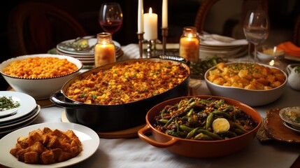 Food dishes in bowls and plates arranged on a wooden table, with drink cutlery, on an abstract color background.