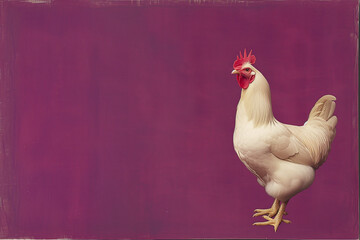 poule blanche de race Leghorn, poule pondeuse élevée pour ses œufs, toute blanche avec une crête rouge sur fond violet indigo avec espace négatif copy space 