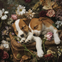 Two puppies are sleeping on a kapok and flowers are lying around.