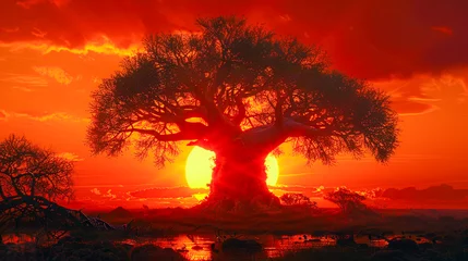Fotobehang Baobab Tree Silhouette at African Sunset. © NORN