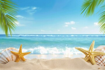 Fototapeta na wymiar Tropical beach with sea star on sand, summer holiday background. Travel and beach vacation, free space for text. generative ai.