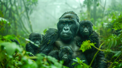 Fototapeta na wymiar Gorilla Mother and Infant Bonding in Misty Forest.