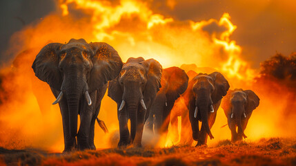 Herd of Elephants Against Fiery Sunset Backdrop.