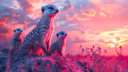 A family of meerkats stands attentively on a desert mound, captivated by the warm hues of the sunset sky..