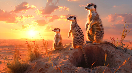 Meerkat Family Watching Sunset in the Desert.