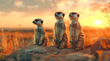 Meerkat Family Watching Sunset in the Desert. - obrazy, fototapety, plakaty
