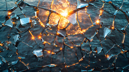 Shattered mirror reflections on water surface at sunset, casting a mosaic of light and fragmented perspectives - obrazy, fototapety, plakaty