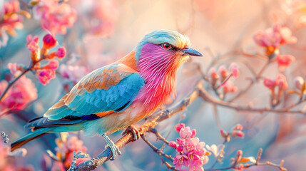 Fototapeta premium Lilac-breasted Roller Perched on Flowering Branch.