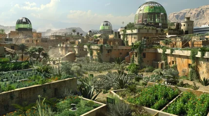 Gartenposter Imagine a community rebuilt in a post-apocalyptic setting, with fortified structures, sustainable  © Bophe