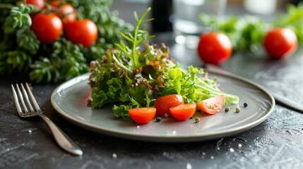 A plate of vibrant salad sits on a table, paired with a knife and fork that are ready for use, diet healthy eating food and weigh loss concept 