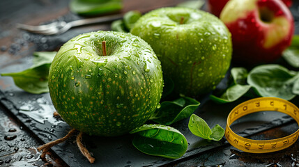 Two ripe green apples are elegantly situated side by side on a wooden table, showcasing their fresh and healthy appeal, diet healthy eating food and weigh loss concept 
