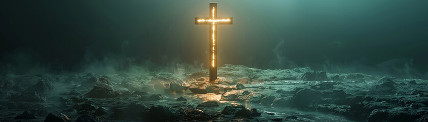 Glowing cross standing in dystopian darkness, the last symbol of hope and salvation - obrazy, fototapety, plakaty