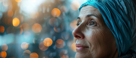 Happy cancer patient, woman expressing joy, resilient spirit, close portrait - obrazy, fototapety, plakaty