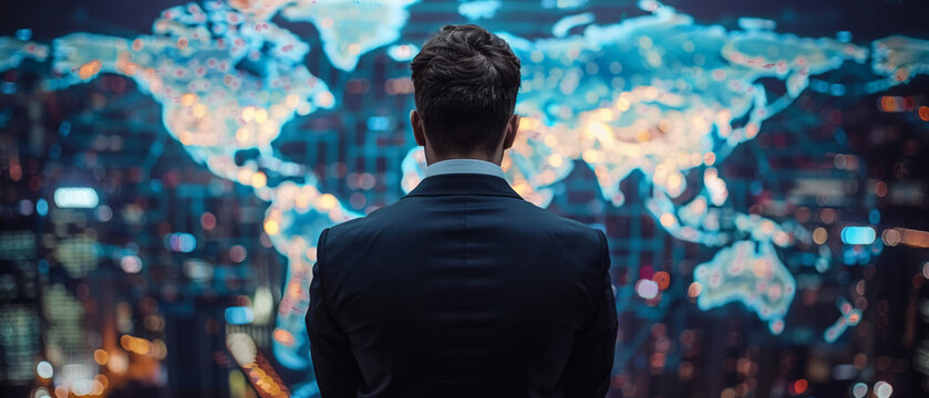 Economic growth visualized, businessman with global network map, strategic and forwardlooking