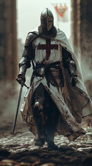 Templar knight with sword raised, white cape and red cross, symbol of victory, majestic - obrazy, fototapety, plakaty