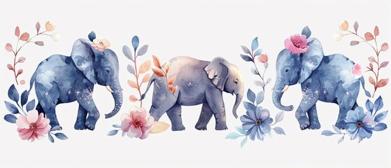 Watercolor elephant collection, cute with flowers, pastel colors, gentle art