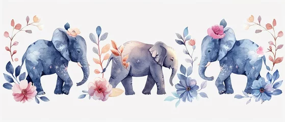 Fototapete Elefant Watercolor elephant collection, cute with flowers, pastel colors, gentle art