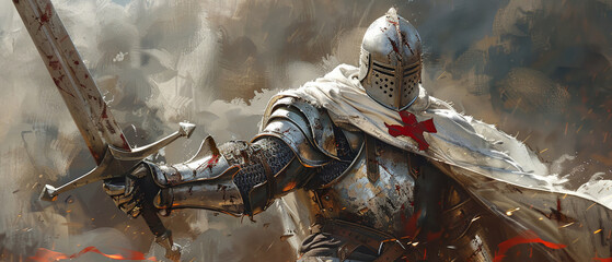 Valiant Templar knight, sword raised in victory, white cape and red cross, noble and strong - obrazy, fototapety, plakaty