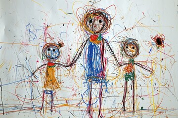 The hand drawing colourful picture of the group of the human family that has been drawn by the colored pencil, crayon or color chalk on the white background that seem to be drawn by the child. AIGX01.