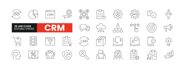 Set of 36 Customer Relationship Management line icons set. CRM outline icons with editable stroke collection. Includes Data Analysis, Support, Cloud CRM, Strategy, Customer Relationship, and More.