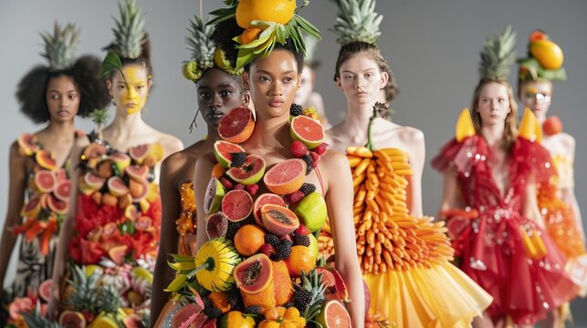 Imagine a fashion show runway where the models wear avant-garde outfits inspired by the textures and colors of various fruits 