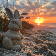 Easter on the beach, sand sculptures of eggs and bunnies, festive umbrellas, and a sunset view