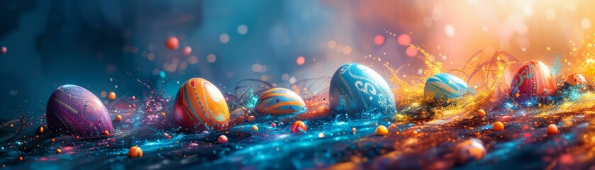 Artistic interpretation of Easter, abstract designs with Easter symbols, vibrant colors, and dynamic shapes - obrazy, fototapety, plakaty