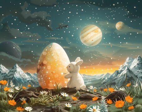 Easter in space, astronauts decorating an intergalactic egg, stars, and planets in the background