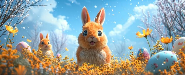 Animated Easter story, cartoon characters on an Easter adventure, vibrant animation style