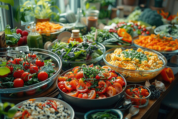 Fototapeta na wymiar A vibrant and colorful dining table filled with a variety of fresh, healthy dishes such as stainless steel bowls full of salad made from green leafy vegetables. Created with Ai