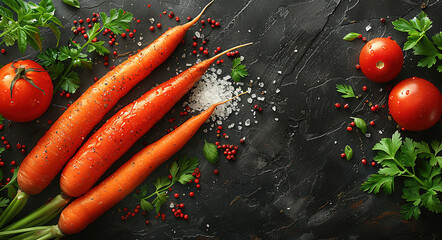 This stock photo features carrots, tomatoes, and coriander on a dark background with copy space for text or design. Created with Ai